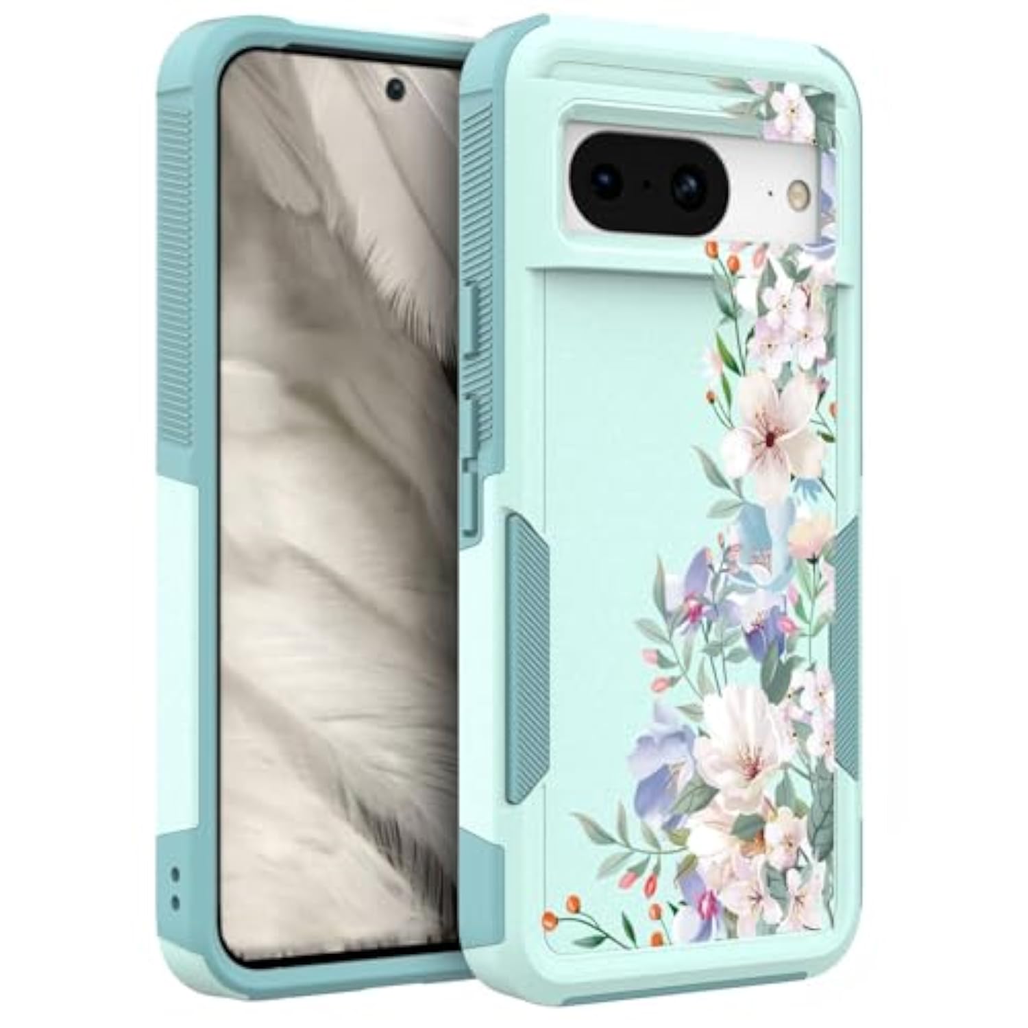 For Google Pixel 8 5G Case: Cute Flower Floral Design For Girls Women Slim Fit Soft Tpu Bumper Silicone Cell Phone Cover (Mint Teal/Magnolia)