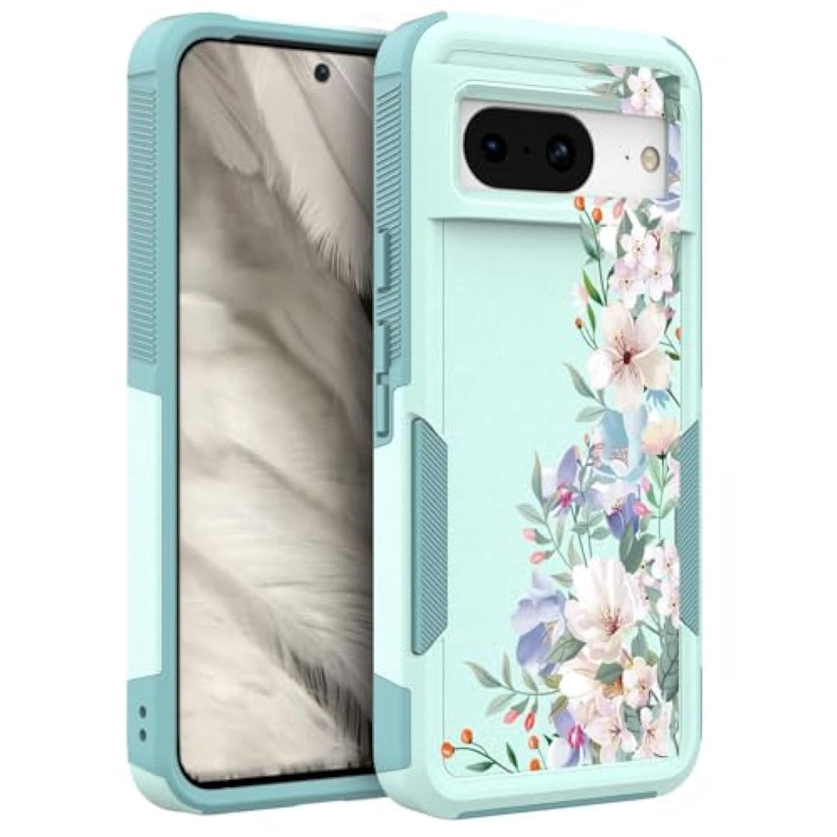 For Google Pixel 8 5G Case: Cute Flower Floral Design For Girls Women Slim Fit Soft Tpu Bumper Silicone Cell Phone Cover (Mint Teal/Magnolia)