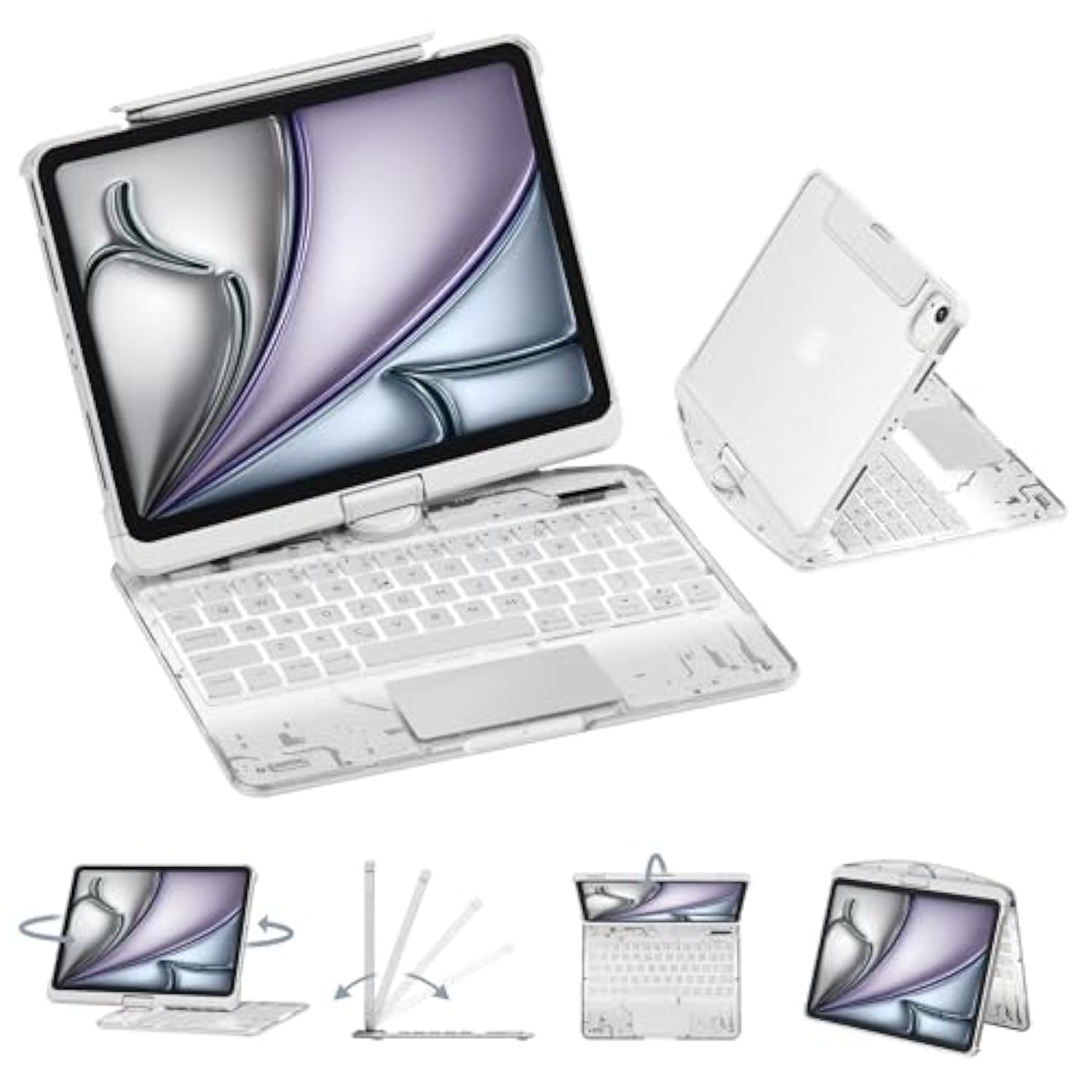 Transparent Case With Wireless Keyboard For Ipad Air 13-In.(M3/M2, 2025/2024), 7 Colors Backlight, Trackpad, 360°Rotating Stand For Ipad Pro 12.9-In (6/5/4/3 Gen), Tech Style