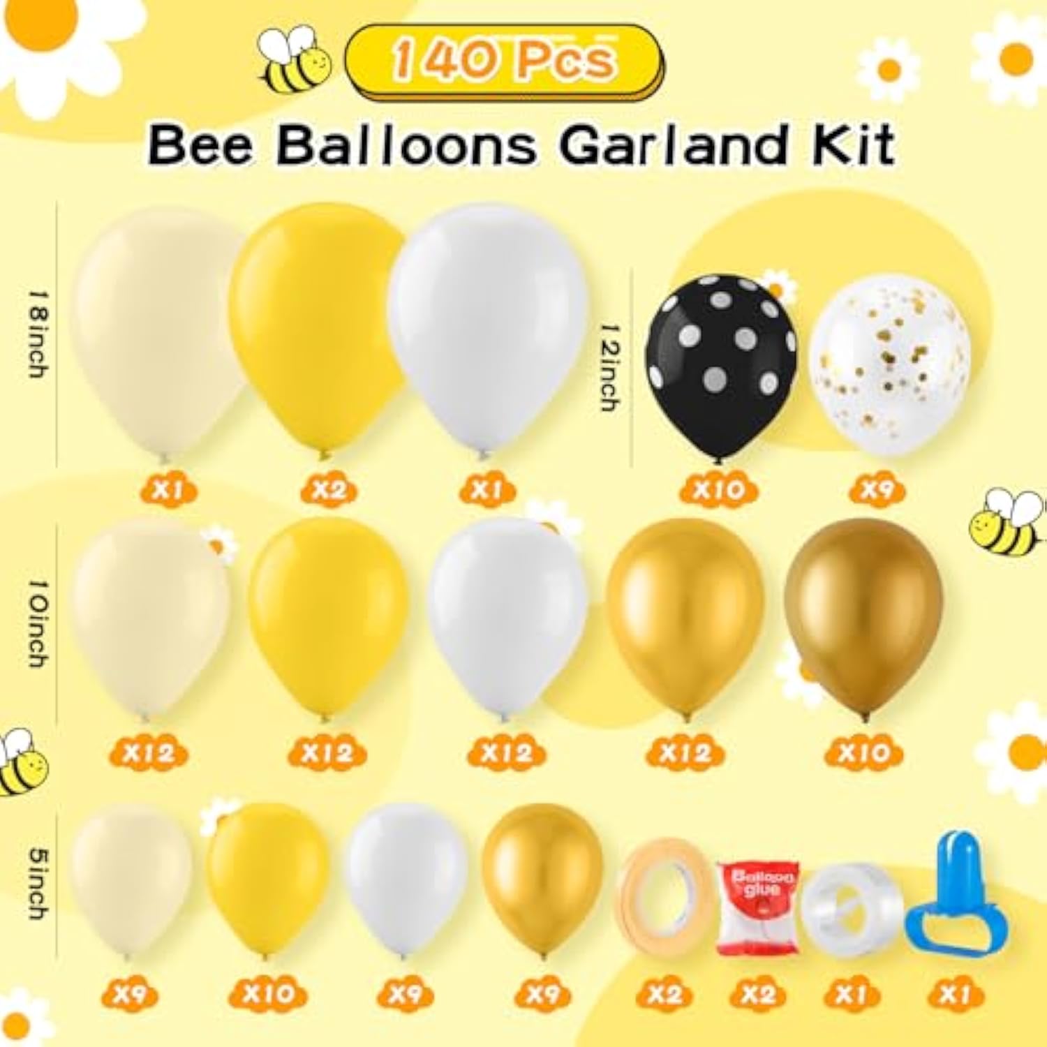 140 Pcs Bee Balloons Garland Kit,Yellow Black White Balloons With Bee Stickers Gold Confetti Daisy Foil Balloons For Honey Bee Birthday Baby Shower Spring Theme Party Decoration