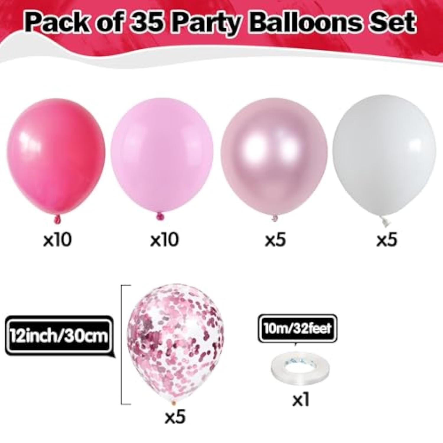Pink Balloons Set 12 Inch Hot Pink And White Balloons 35 Pcs Rose Red Light Metallic Pink Confetti Balloon For Girls Women Princess Valentines Engagement Wedding Baby Shower Birthday Party Decorations