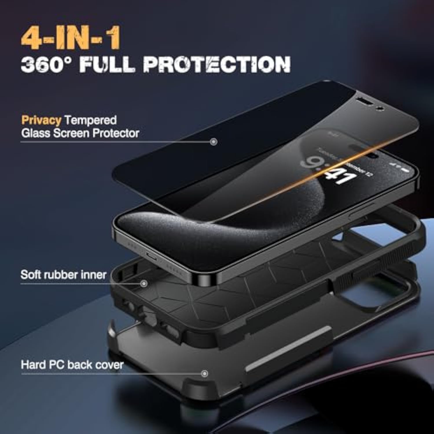 iPhone 15 Pro Max Heavy Duty Case with Privacy Screen Black