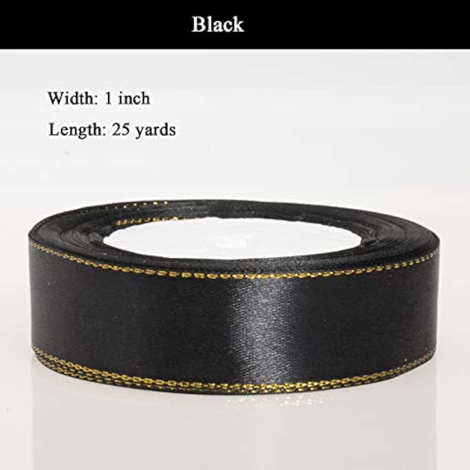 25 Yards 1 Inch Black Satin Ribbon With Gold Edges, Gold Border Fabric