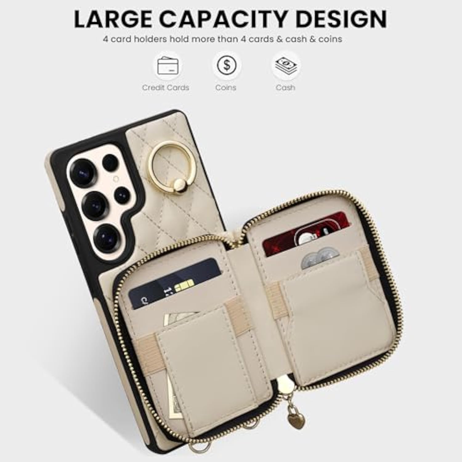 Case For Samsung Galaxy S25 Ultra 6.9'' Wallet Case,Crossbody Zipper Galaxy S25 Ultra Purse Wrist Strap Lanyard Handbag,Rfid Blocking Card Slots,Flip Leather Cover For Samsung S25 Ultra,Beige