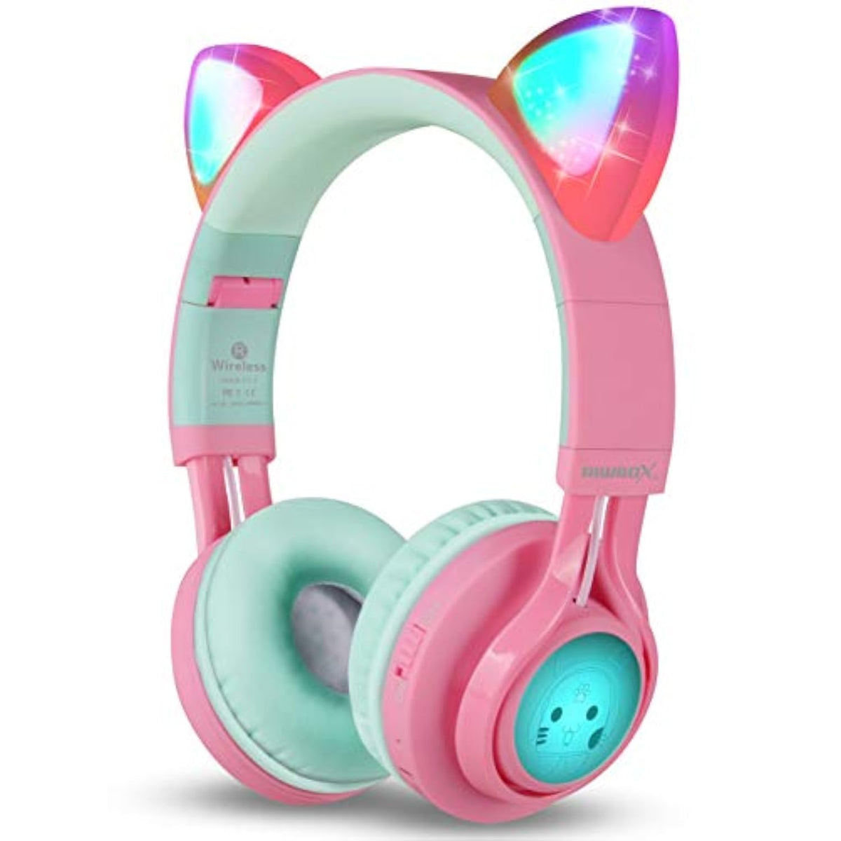 CT-7 Kids Bluetooth Cat Ear Headphones LED Mic Volume Control Pink & Green