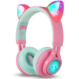 CT-7 Kids Bluetooth Cat Ear Headphones LED Mic Volume Control Pink & Green