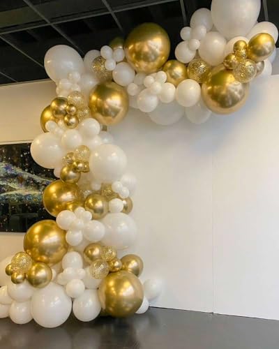White and Gold Balloon Arch Garland Kit 153pcs with Star, 22 18 12 10 5in Different Size White Metallic Gold Confetti Latex Balloons for Birthday Anniversary Wedding Baby Shower Decoration