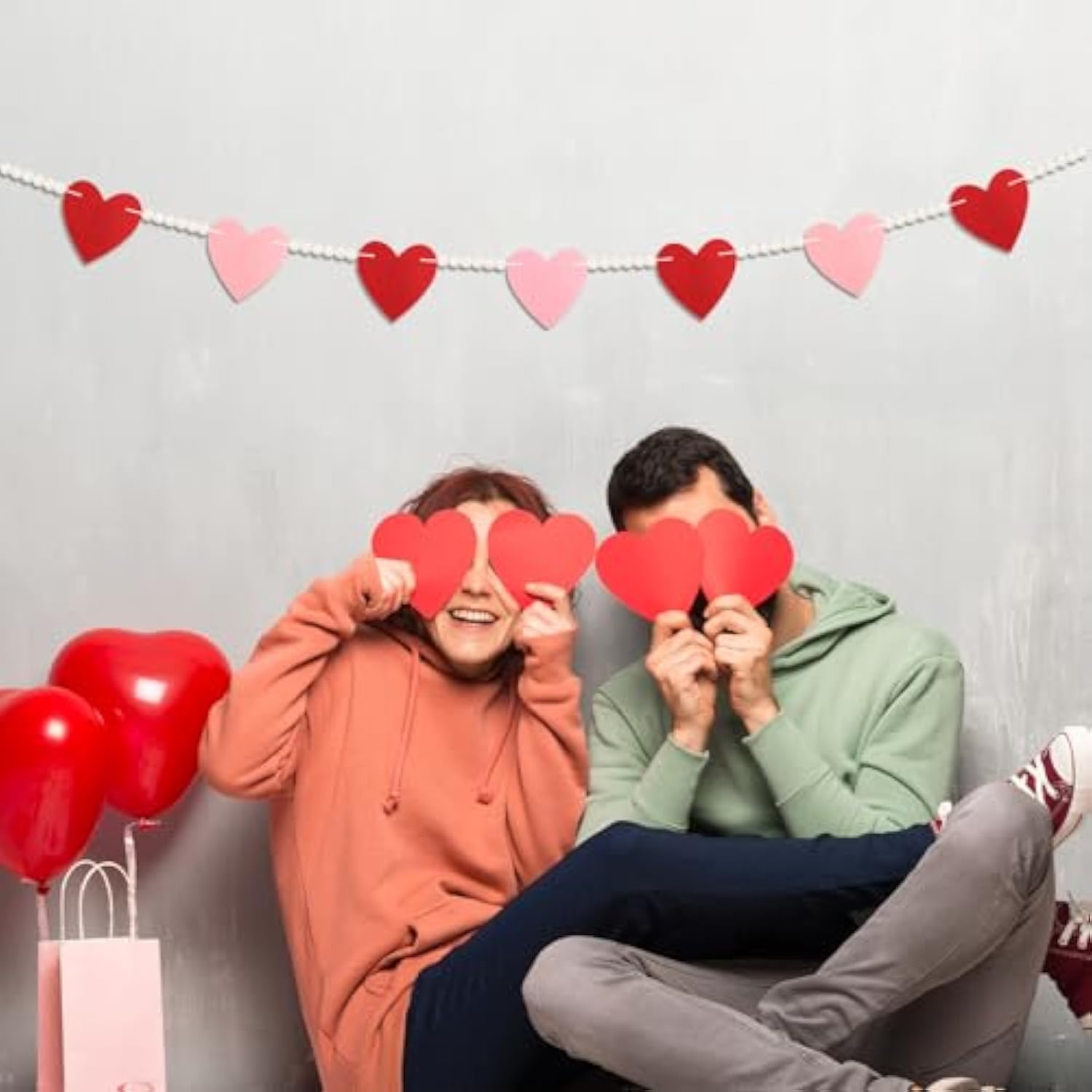 Valentines Day Decorations Felt Garland Banner Pink Red Hearts With Wood Beads Romantic Love Rustic Farmhouse Pre-Assembled Hanging Banner For Mantle, Fireplace, Wall, Party Supplies