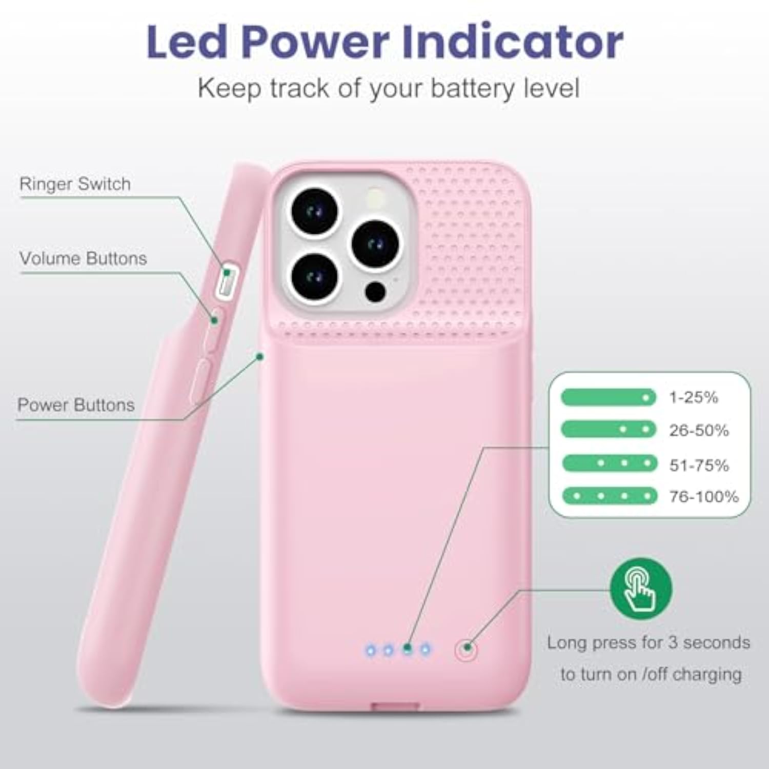 Upgraded 7500mAh Ultra-Slim Portable Extended Charger Cover for iPhone 13/13 Pro/14 (6.1 Inch) - Pink