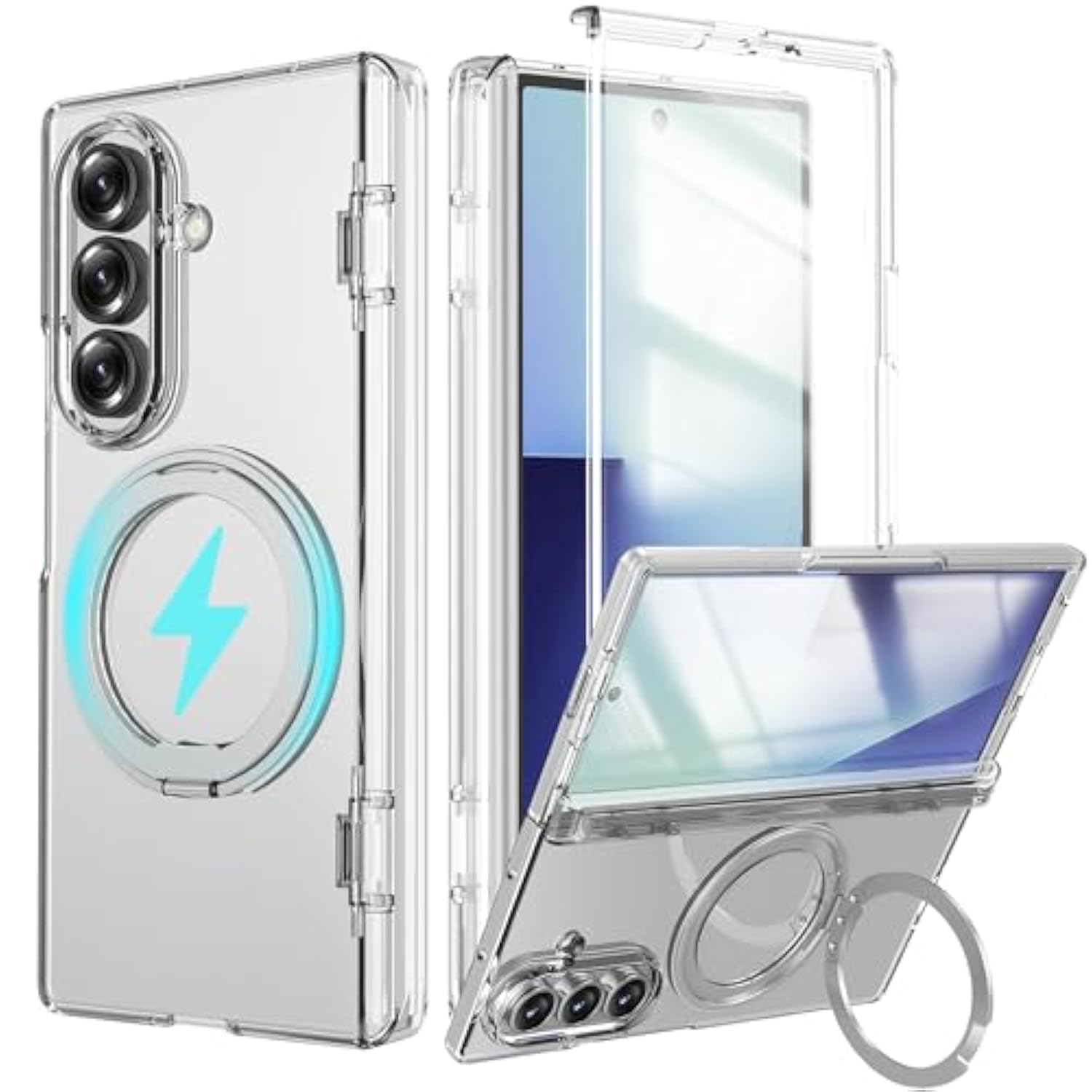 For Samsung Galaxy Z Fold 7 Case With Ring Holder Stand, Z Fold7 Magnetic Case Compatible Magsafe Accessories Screen Protector Hinge Cover Full-Body Slim Phone Case For Z Fold 7 Clear