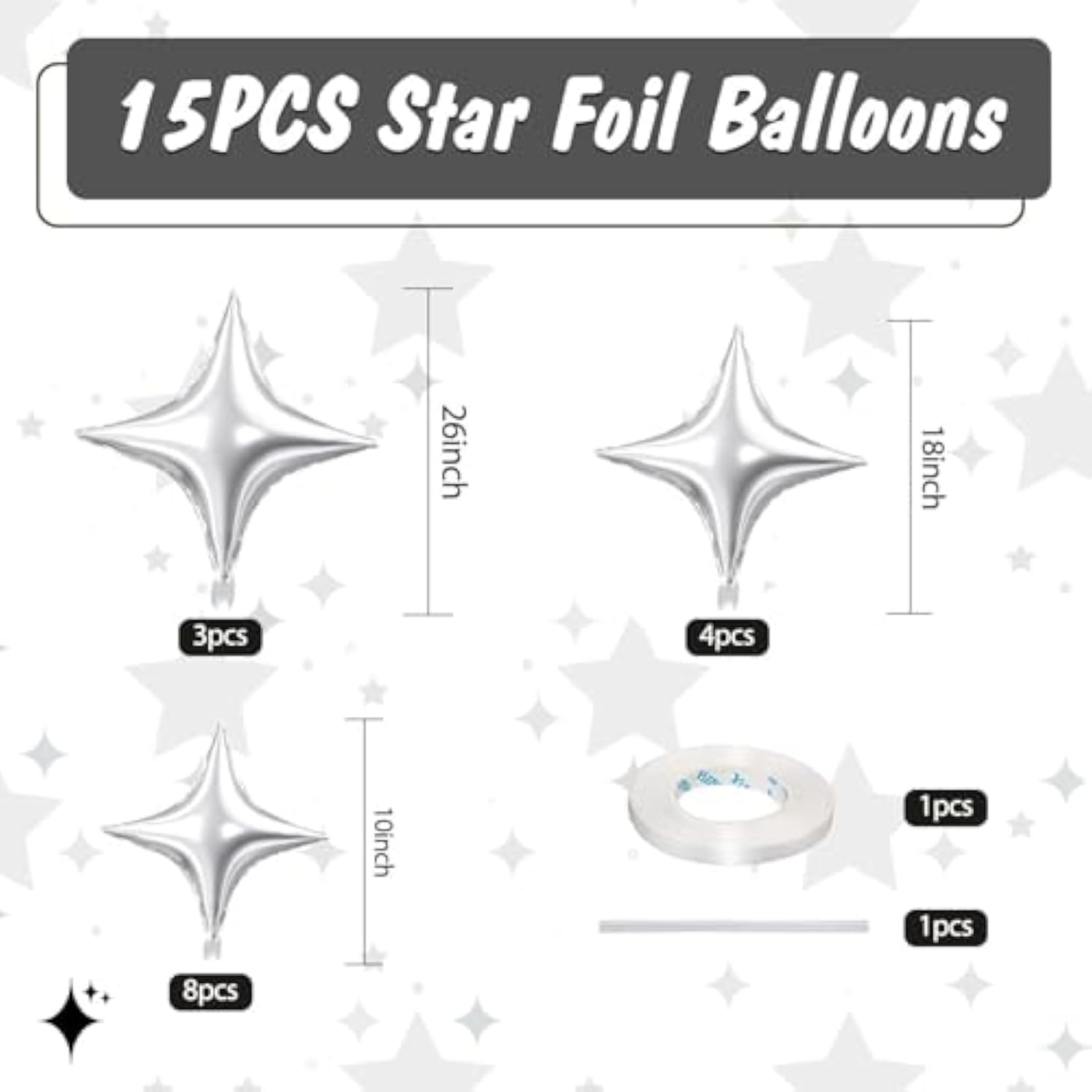 Silver Star Balloons,15Pcs Silver Star Foil Balloon,26/18/10 Inch Quadrangle Helium Balloons For Graduation Wedding Birthday Prom Anniversary Baby Shower Party Decorations
