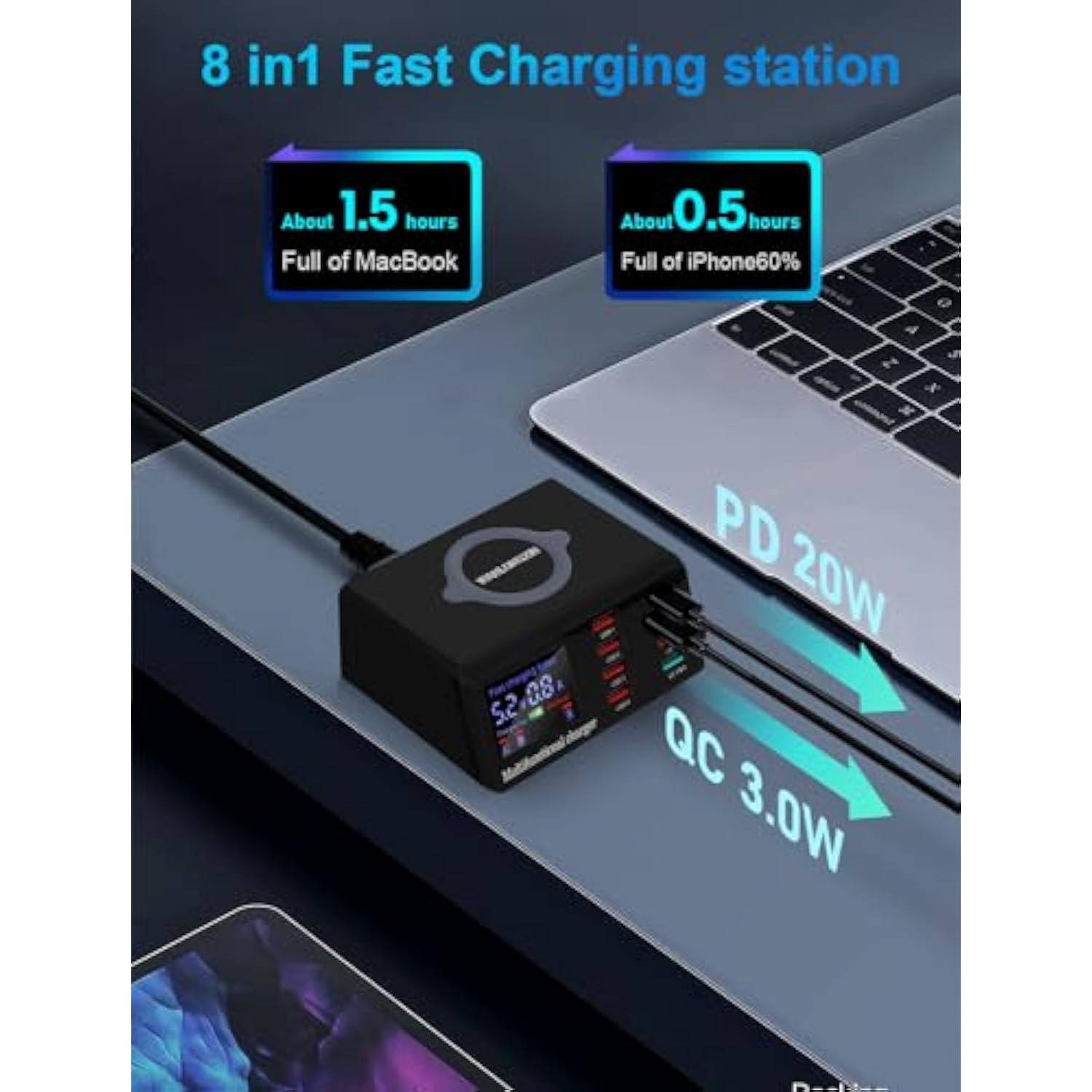 100W 8-Port Usb Qi Wireless Charging Station, Qc3.0/Pd Fast Charge For Phones Tablets Usb Tools, Multi-Device Smart Ic Desktop Organizer Hub