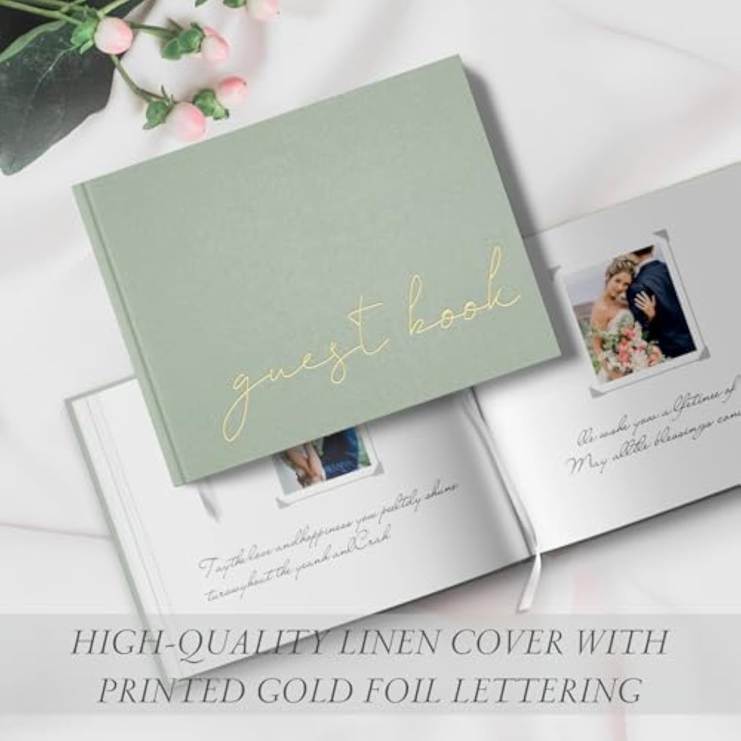 Wedding Guest Book With Table Sign And 216 Photo Corners Stickers, Linen Polaroid Guest Book For Wedding?Baby Shower - 100 Blank Pages Guestbook For Sign In And Photos- Sage 8”X10”