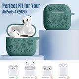 For Airpods 4 Case Cover(2024), Cute Flower Engraved Case Compatible With Apple Airpods 4,Soft Silicone Full Protective Case For Airpods 4 With Keychain & Cleaner Kit For Women,Men?Pinegreen?