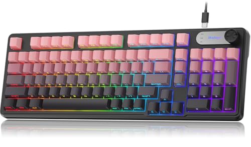 Rgb Gaming Keyboard, 98 Keys Usb Wired Keyboard With Rainbow Backlit, Volume Knob & Screen, Quiet Typing, Side-Printed Pbt Keycaps For Pc/Mac