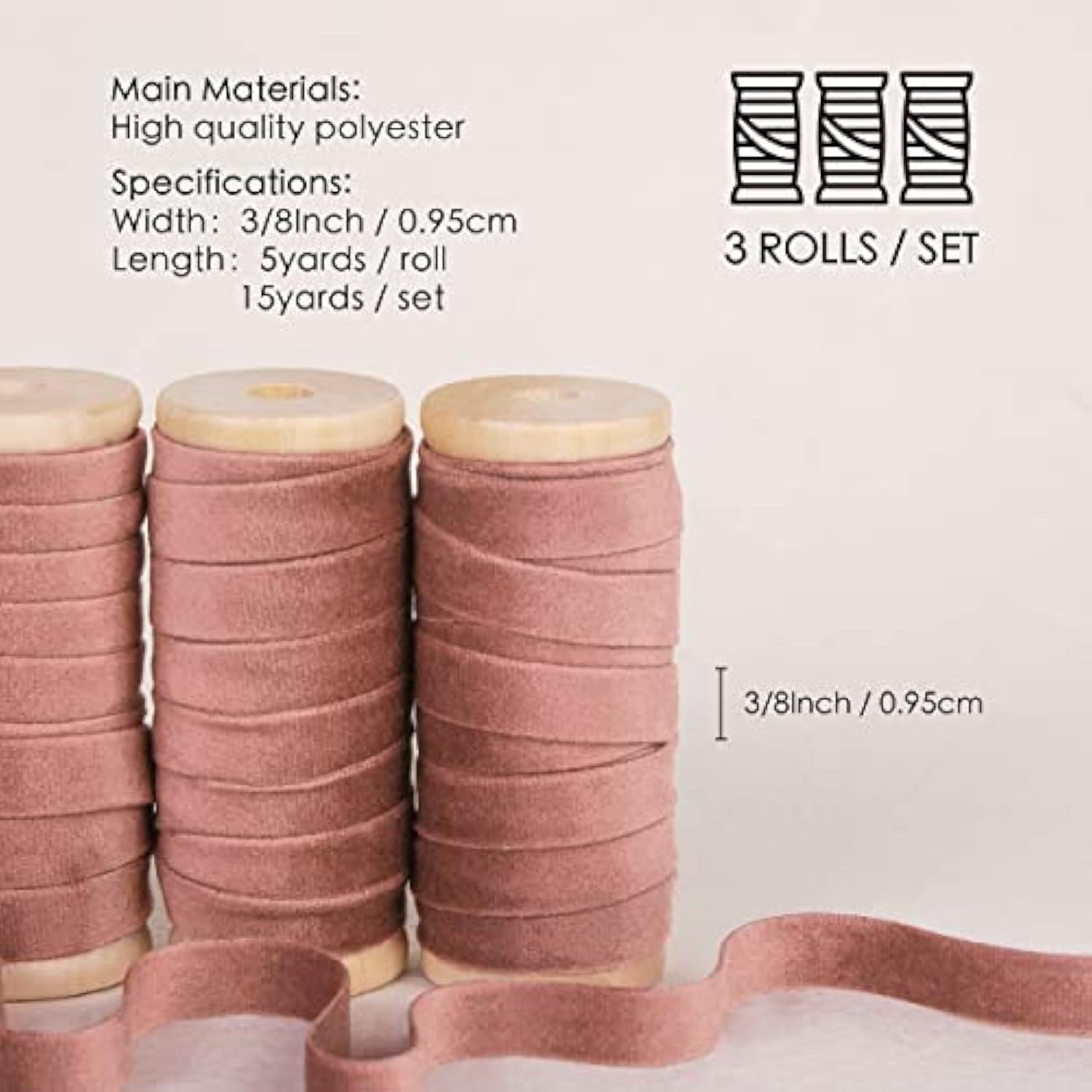 Rose Gold Velvet Ribbon Set 3/8"" X 15Yd Wooden Spool Fabric Trim Eco-