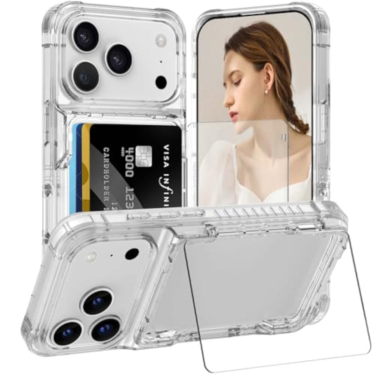 For Iphone 17 Pro Max 6.9 Case Wallet With Kickstand, 4 Cards Holder Clear Case For Women Men, Yellowing Resistant Transparent Tpu Back Cover, Flip Wallet Id Slot Cover With Stand For 17 Promax