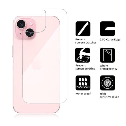 3 Pack Glass Back Screen Protector Compatible for iPhone 15/14 / 13 6.1 Inch 9H Hardness HD Back Tempered Glass, Scratch Resistant,Easy Install,rear