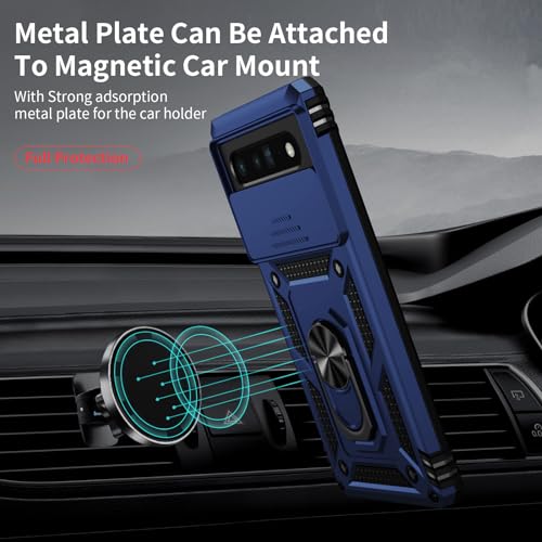 for Google Pixel 6 Pro Case with Slide Lens Cover, Military Grade Drop Protection, Magnetic Rotated Ring Holder Kickstand Protective Phone Case (Navy