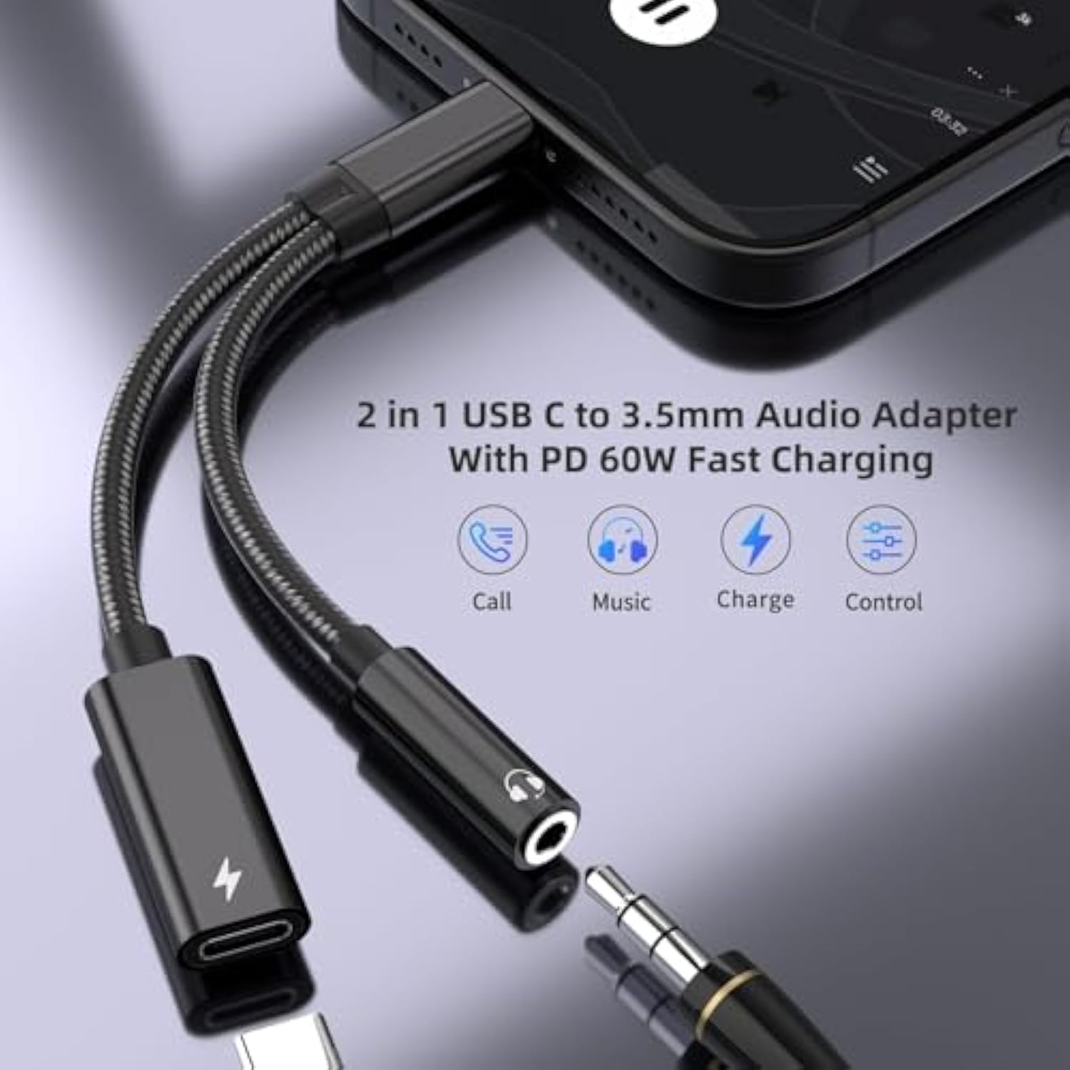 2 In 1 Usb C To 3.5Mm Headphone And Charger Adapter, Usb C To Aux Mic Jack With Pd 60W Fast Charging For Stereo, Earphones, Compatible With Samsung Galaxy S25/S24/S23/S22+, Google Pixel 8/7