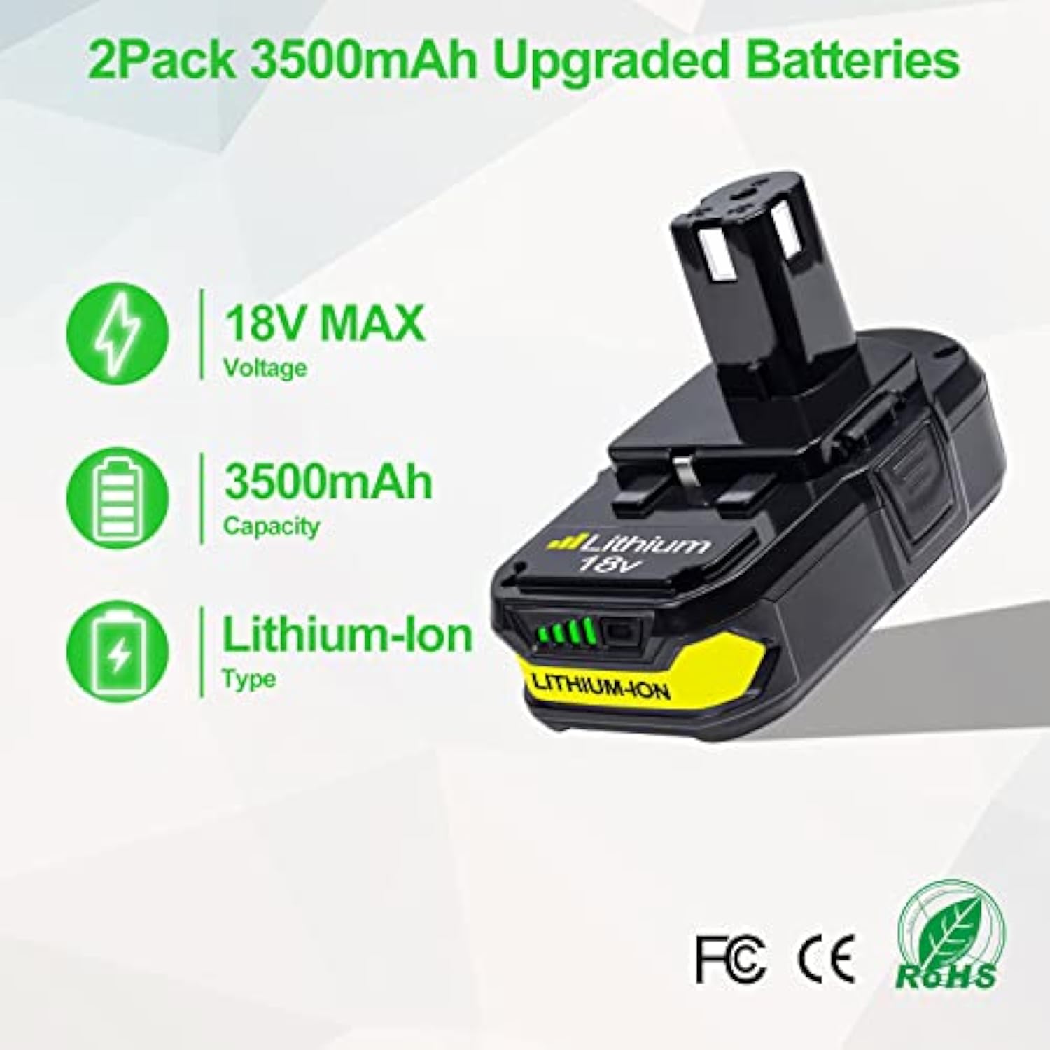 2-Pack 3.5Ah Replacement Batteries for Ryobi 18V One+ Cordless Tools