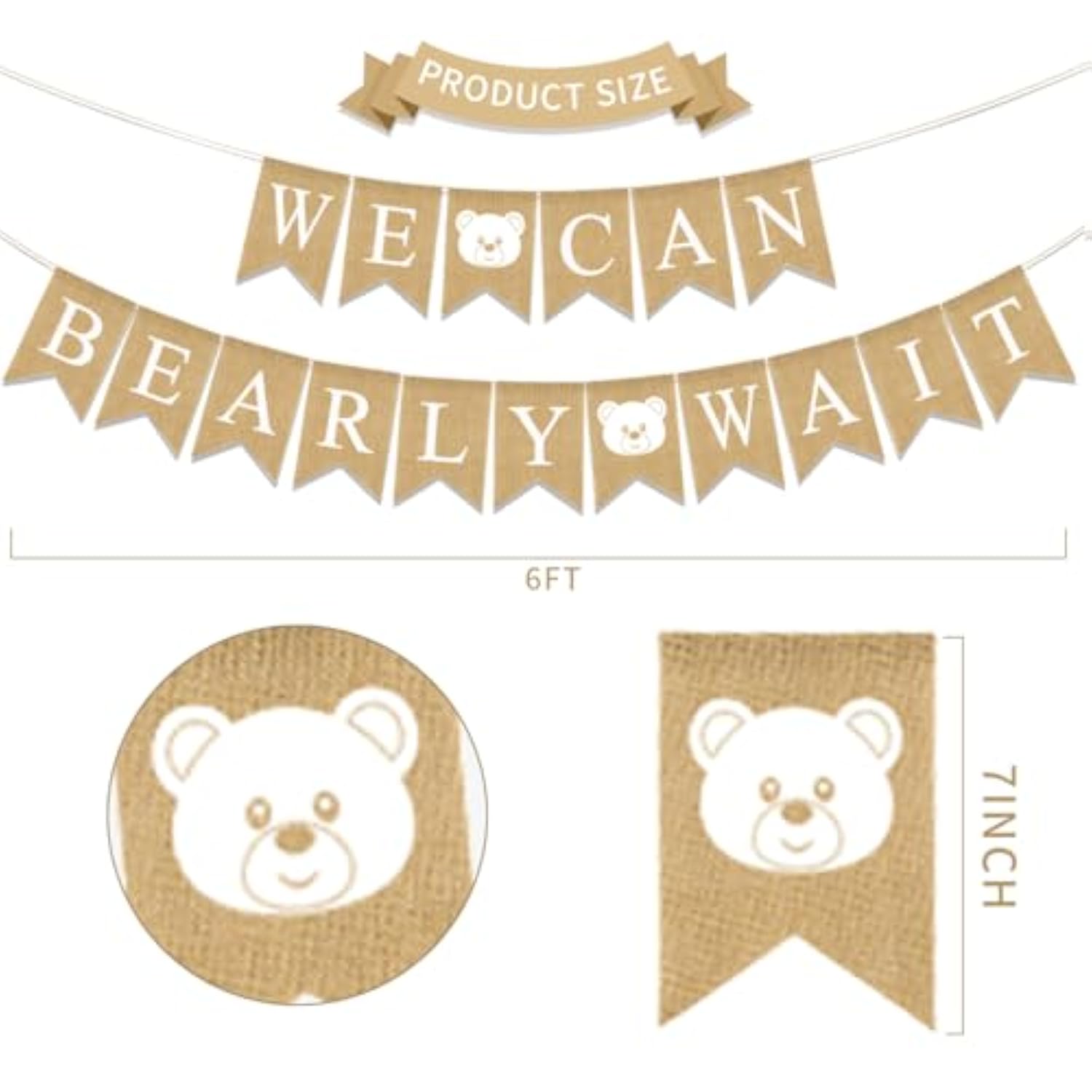 We Can Bearly Wait Banner 6ft Burlap Teddy Bear Baby Shower & Birthday Decor