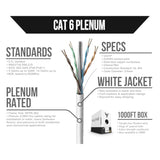 Cat6 Plenum (Cmp), 1000Ft, White - Solid Bare Copper Bulk Ethernet Cable - Utp