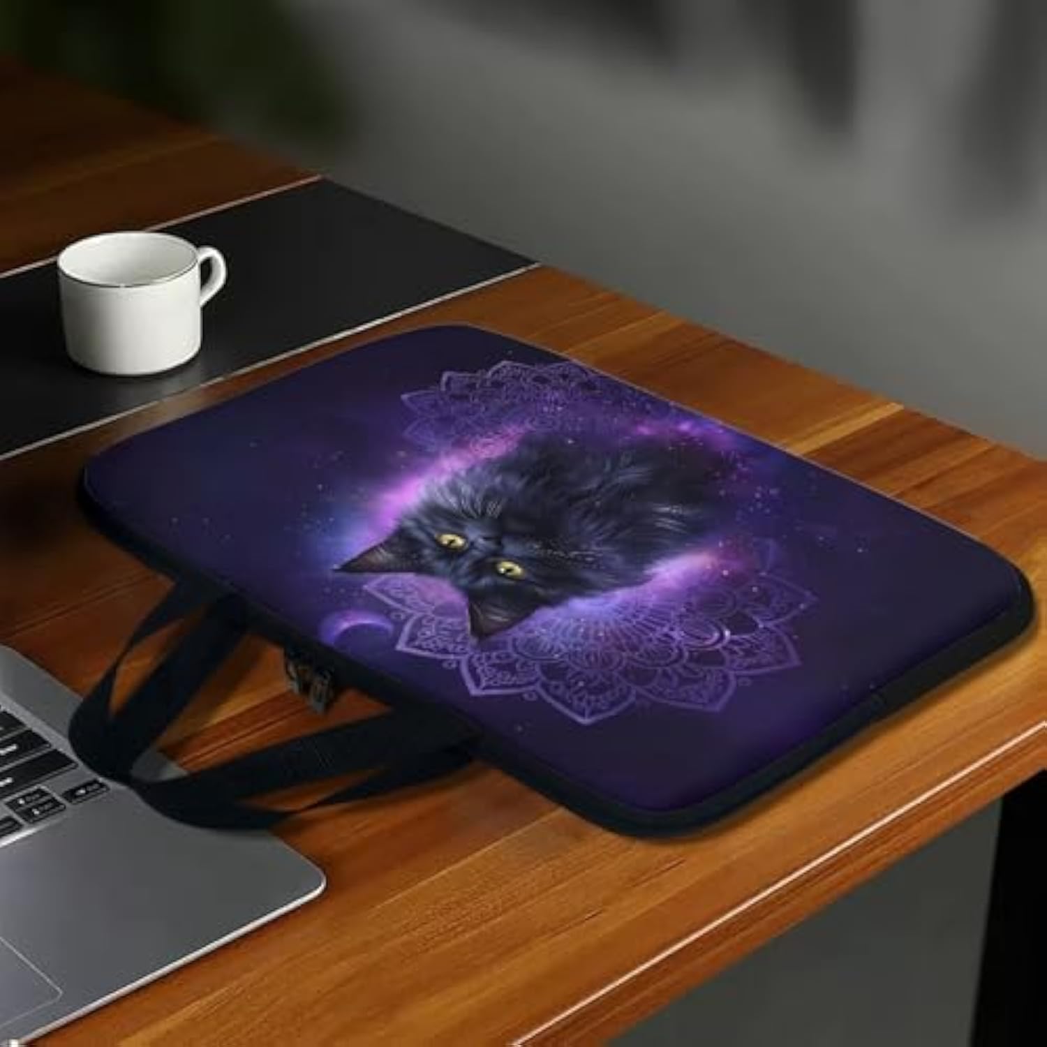 Laptop Sleeve Case With Handle Computer Cover Bohemian Purple Black Cat Print Laptop Case Compatible With 10-17 Inch Tablet For Women Men 360° Protective Carrying Bag Briefcase, 17Inch