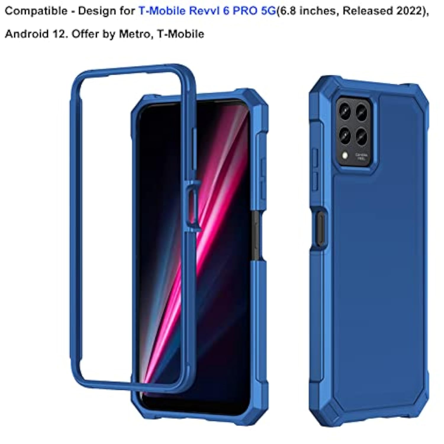 For T-Mobile Revvl 6 Pro 5G Case, Revvl 6X Pro 5G Phone Case With Screen Protector, 2 Layer Protection, Shockproof Corners Tpu Bumper, Heavy Duty Rugged Protective Cover-Blue