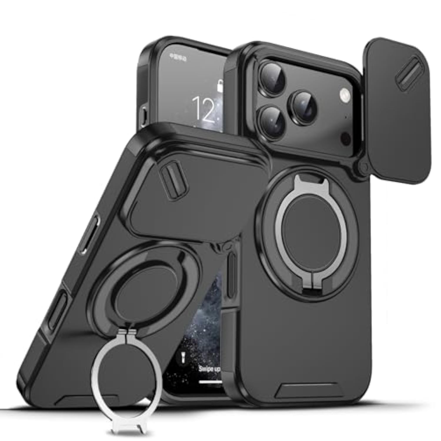Dteck Shockproof Phone Case for iPhone 17 Pro (6.3", 2025 Release) with Slide Camera Cover and Rotating Kickstand, Compatible with MagSafe Accessories, Black