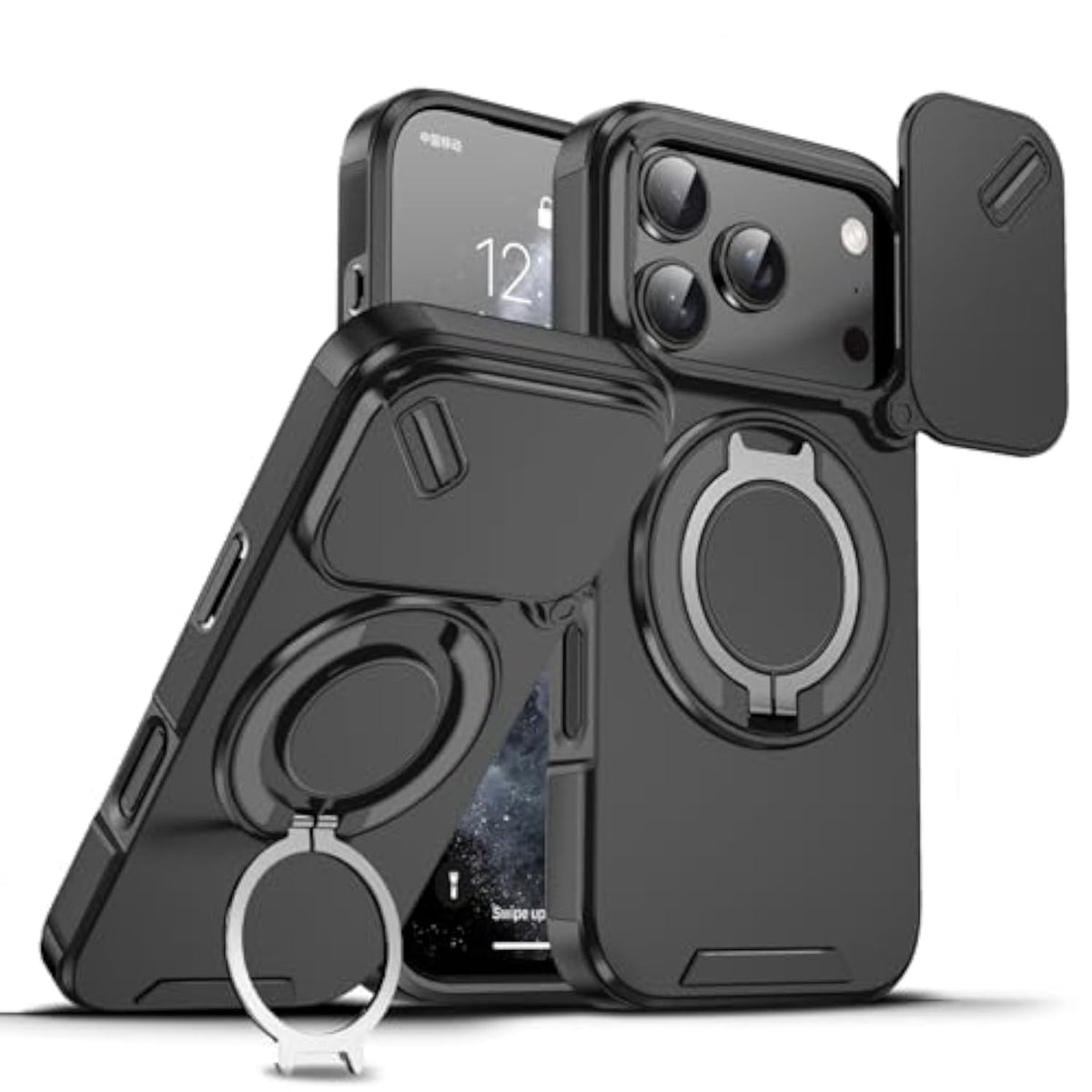Dteck Shockproof Phone Case for iPhone 17 Pro (6.3", 2025 Release) with Slide Camera Cover and Rotating Kickstand, Compatible with MagSafe Accessories, Black