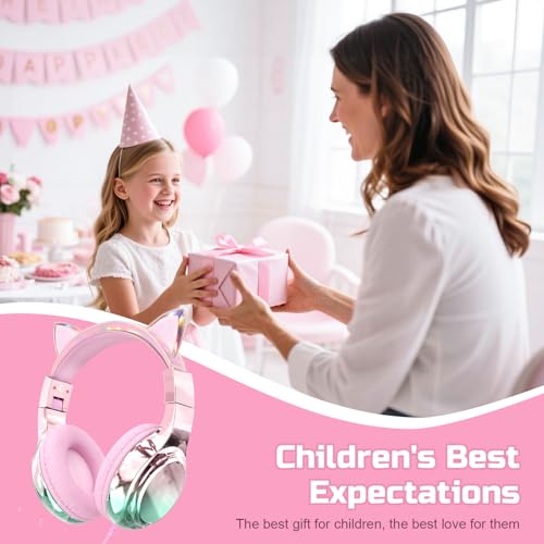 Kids Cat Ear Headphones Wired with Mic, 85/94dB Safe Volume Limit, Sparkly Wired Headset, Foldable, Sharing Port & Tangle-Free Cord for School,