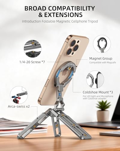 Magnetic Aluminum Phone Tripod Holder Mount Stand Handle with 1/4" Srcew & Cold Shoe & Arca-Swiss,Mini Pocket Foldable Cell Phone Stand,Compatible