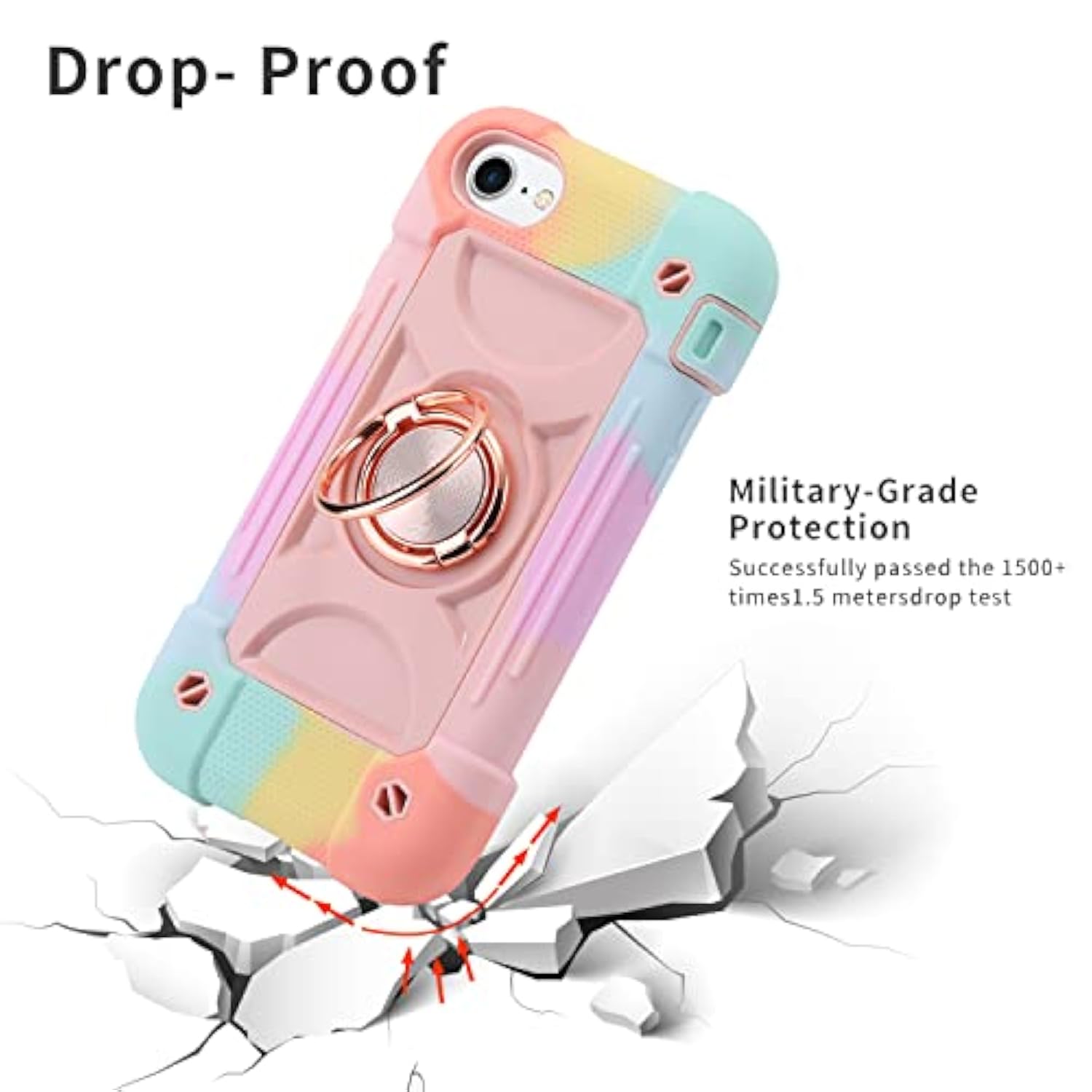 Markill Compatible With Iphone Se3/Iphone Se2,Iphone 6/6S Case,Iphone7/Iphone8 Case 4.7 Inch With Ring Stand, Heavy-Duty Grade Shockproof Phone Cover For Kids Girls. (Rainbow Pink)
