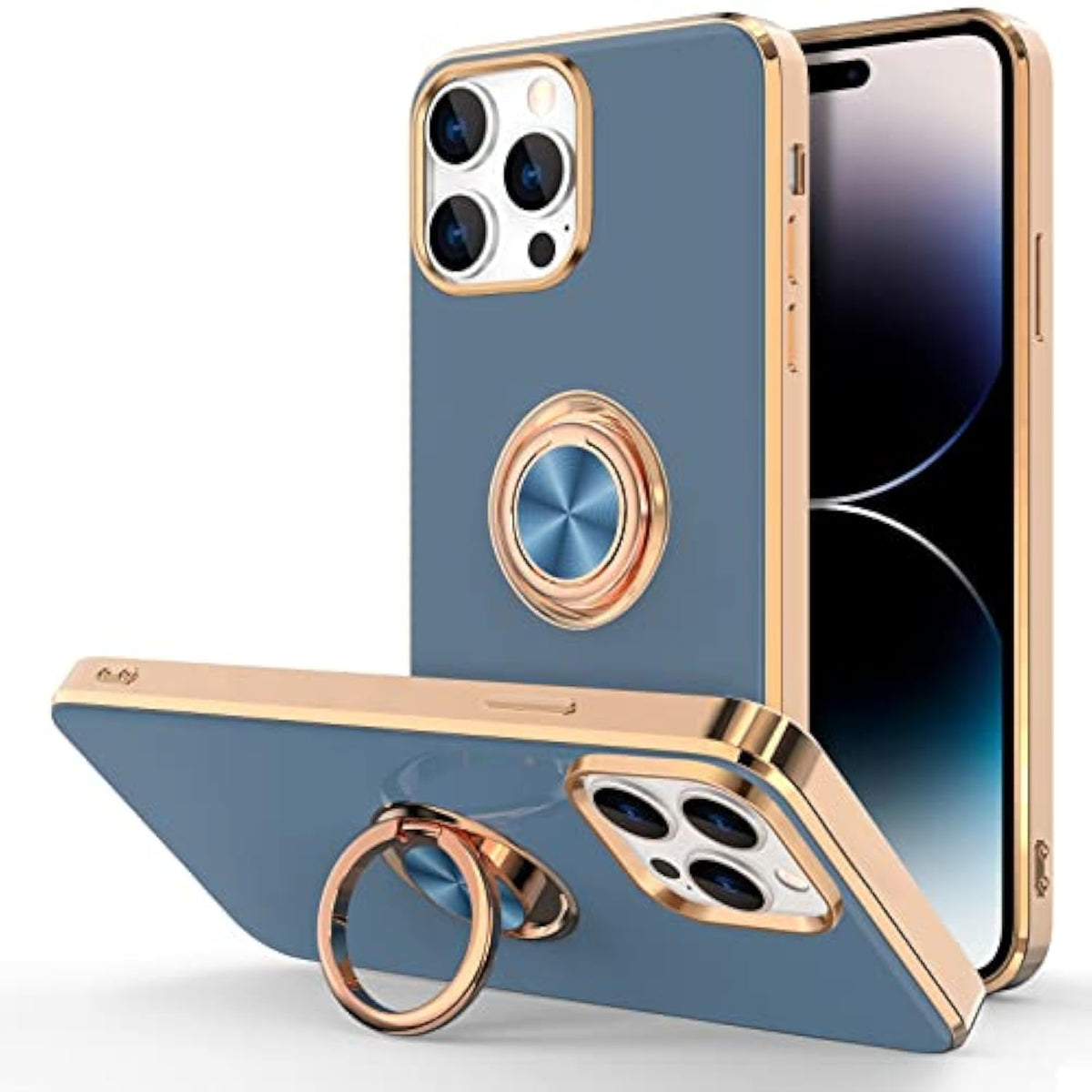 For Iphone 14 Pro Case With Ring Stand [360° Rotatable Ring Holder Magnetic Kickstand] [Support Car Mount] Plated Rose Gold Edge Slim Soft Tpu Luxury Protective Phone Case Cover, Blue Gray