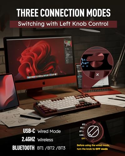 M100 Wireless Mechanical Keyboard w/Screen & Dual Knobs, Tri-Mode Gasket Mount Gaming Keyboard with Number Pad, Hot Swappable Cream Switch, Red