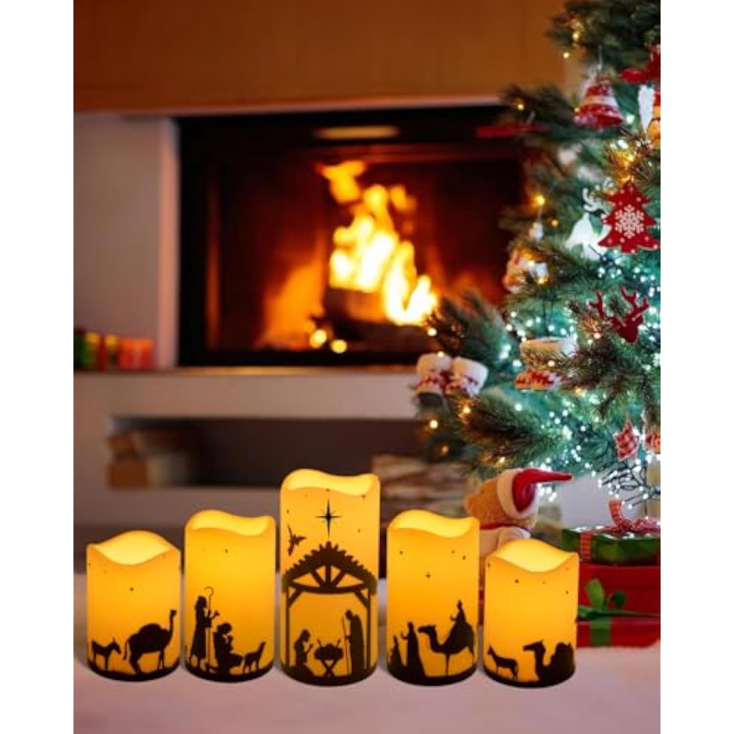 Christmas Nativity Scene Decorations Christmas Religion Led Flameless Candles With Timer For Xmas Holiday Home Decor Supplies Set Of 5 (Beige)
