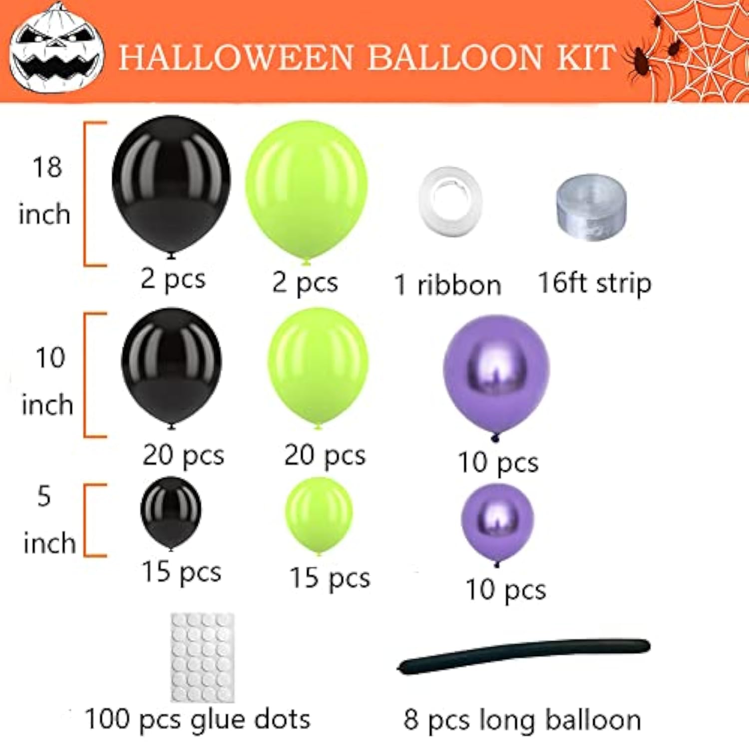 Halloween Balloon Arch Kit - Black, Green & Metallic Purple with Spider and Long Balloons