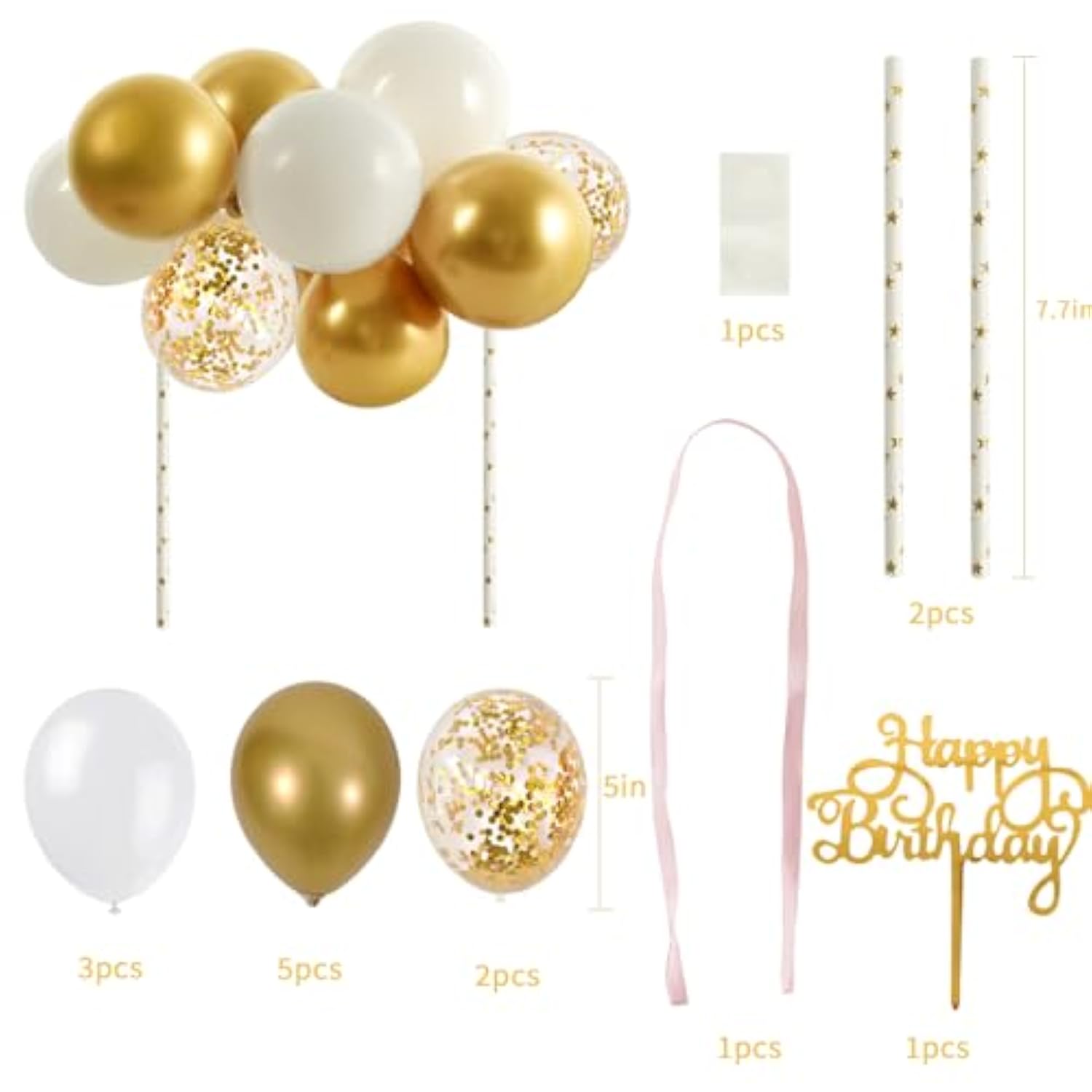 Happy Birthday Cupcake Toppers - White Gold Mini Balloon Cloud Birthday Cake Decorations For Wedding Anniversary Baby Shower Decorations