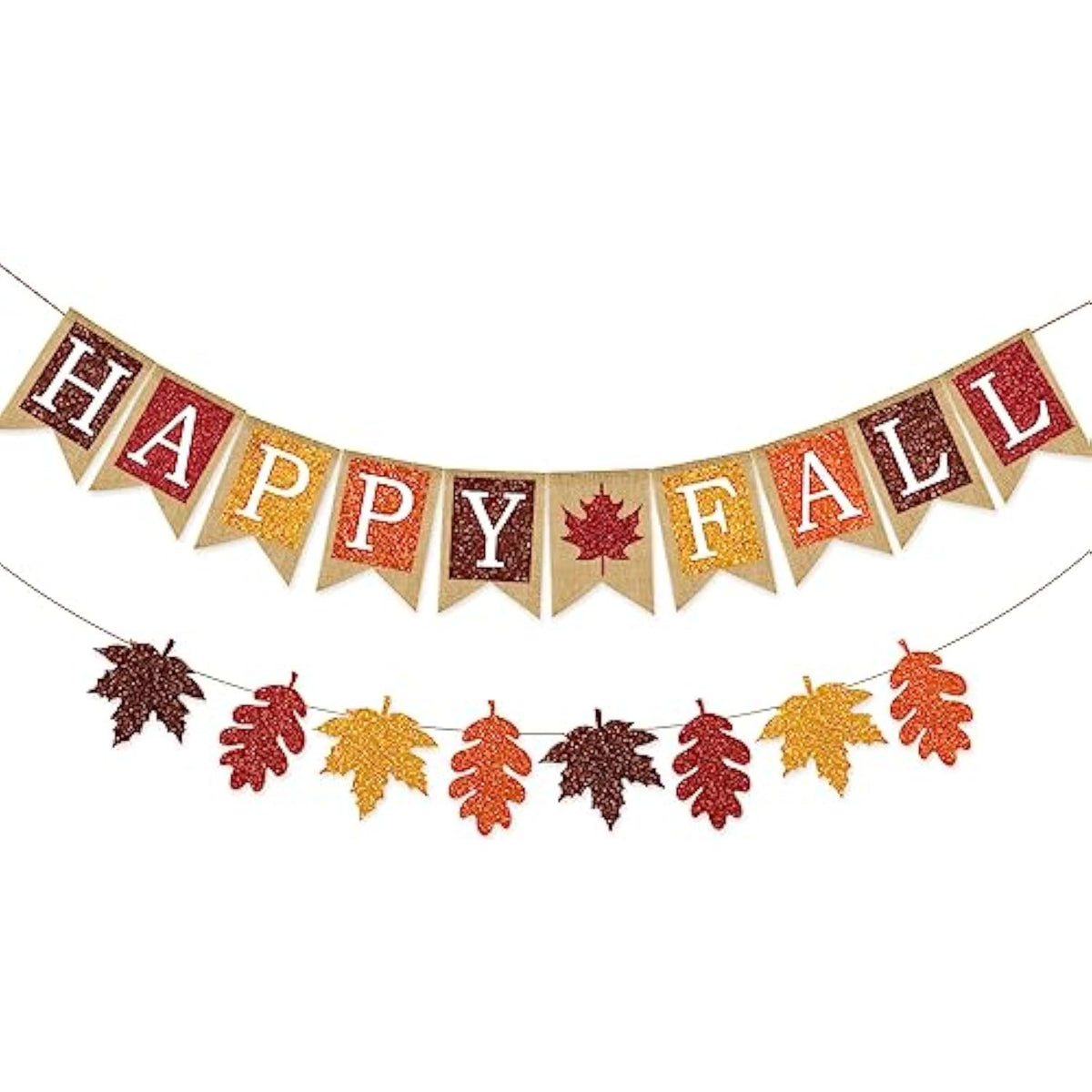 2Pcs Fall Banner Glitter Maple Leaf Paper Banner Happy Fall Burlap Banner Pre-Assembled Rustic Bunting Garland Hanging Decorations For Autumn Thanksgiving Party Decoration Supplies