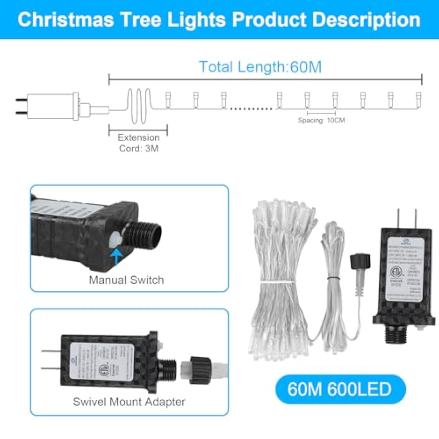 200Ft 600Led Christmas Lights Plug In,Warm White Waterproof Fairy Lights With Timer/8 Modes, Christmas Tree Lights Light