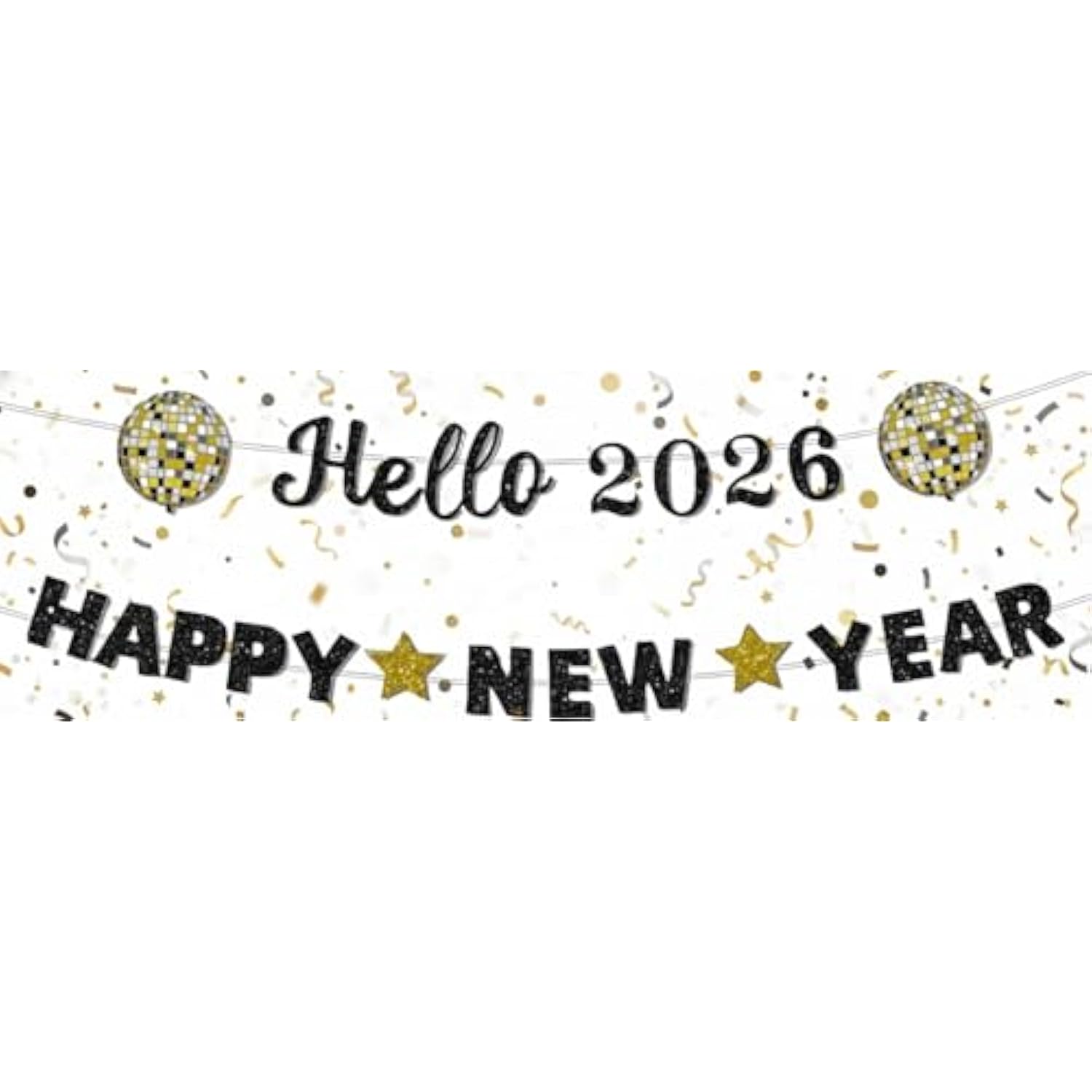 2026 Happy New Year Banner Gold Black Glitter Disco Party Decor