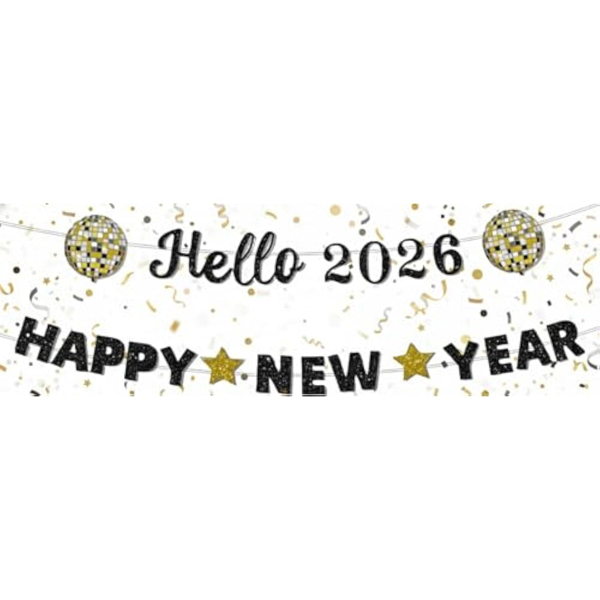 2026 Happy New Year Banner Gold Black Glitter Disco Party Decor