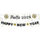 2026 Happy New Year Banner Gold Black Glitter Disco Party Decor