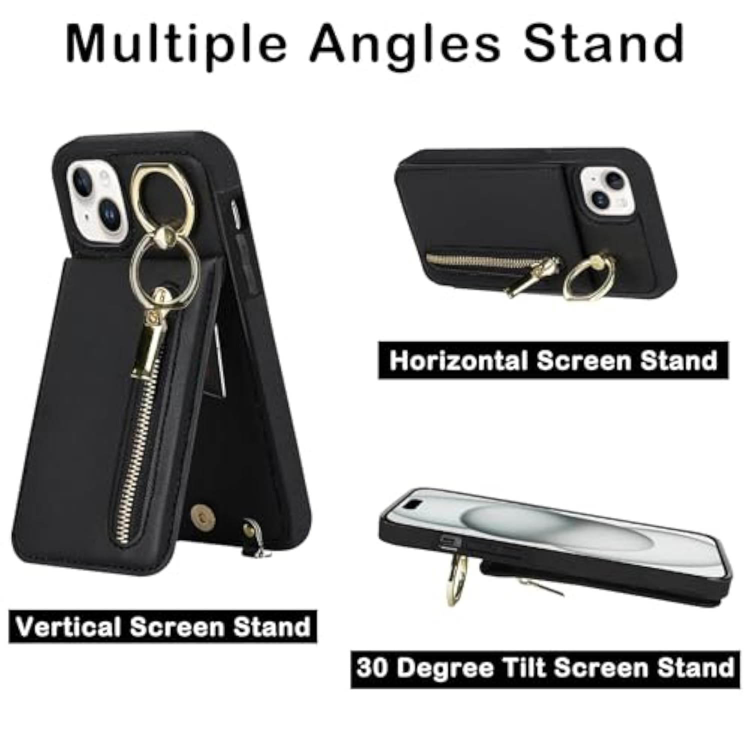 iPhone 13/14/15 Wallet Case with Card Holder Crossbody Strap Black