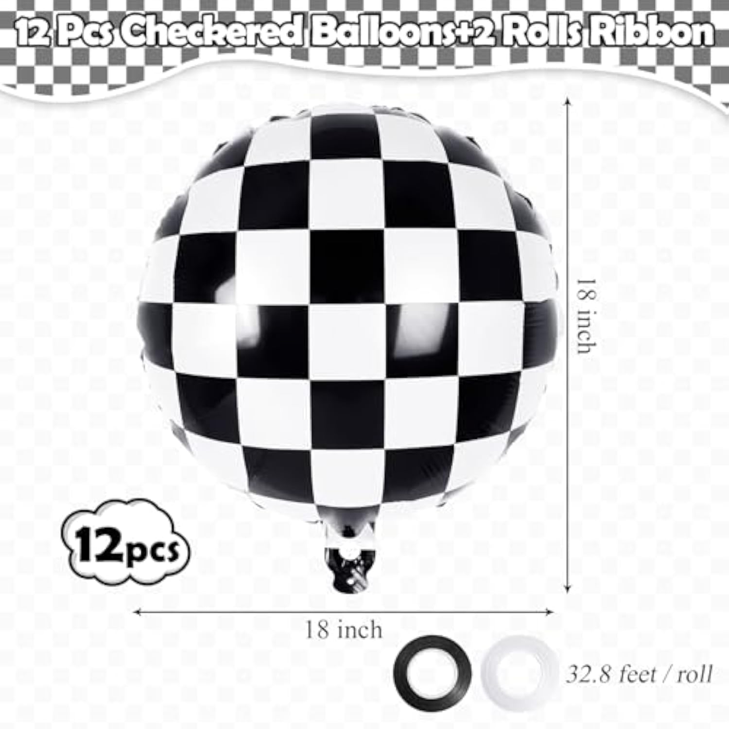 12 Pcs Checkered Racing Foil Balloons Black & White Mylar for Race Car Party Decor