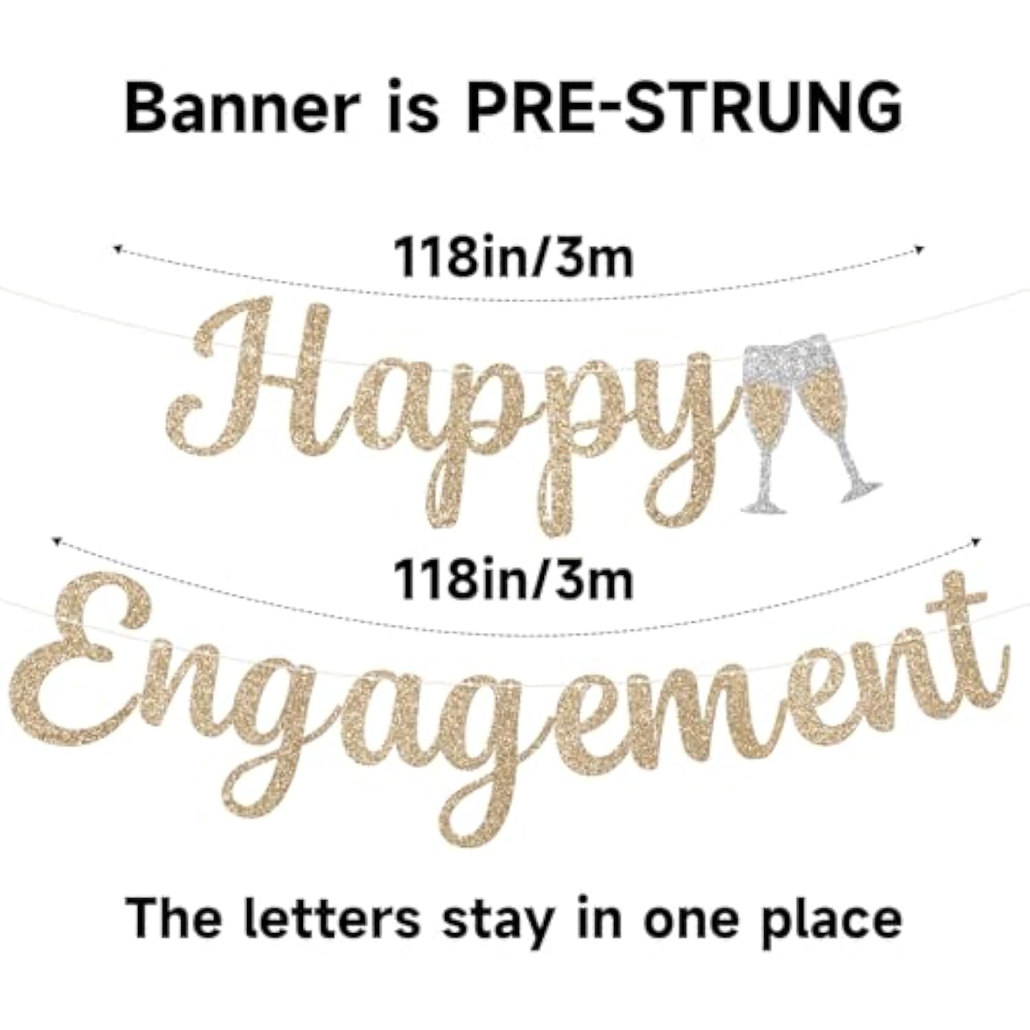 Pre-Strung Champagne Gold Glitter "Happy Engagement" Banner No DIY Wedding/Bridal Decor
