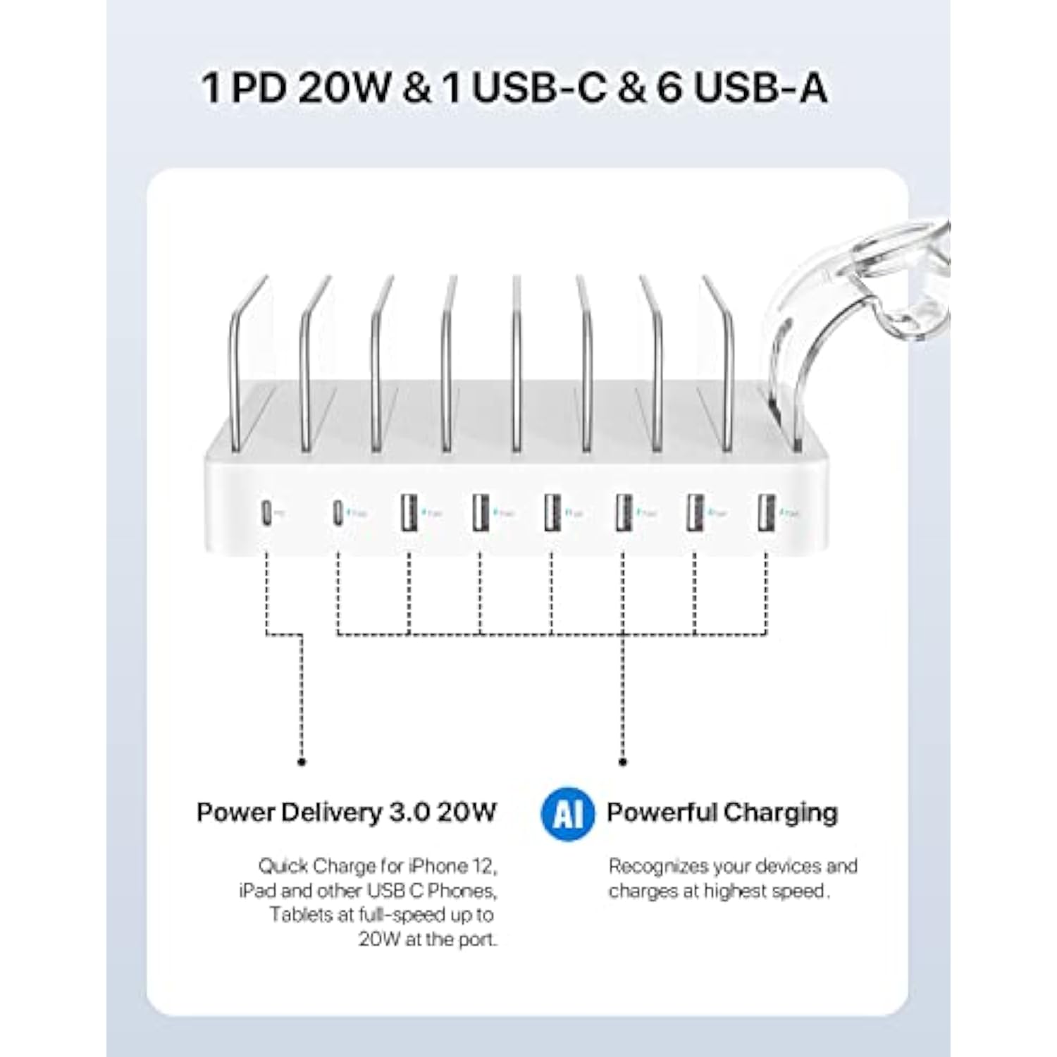 8-Port Usb-C Charging Station For Multiple Devices, With 1 Pd 20W Port Supports Fast Charging, 8Pcs Mixed Charging Cables And 1Pcs Upgraded Holder For Lwatch Charger & Air-Pods, White
