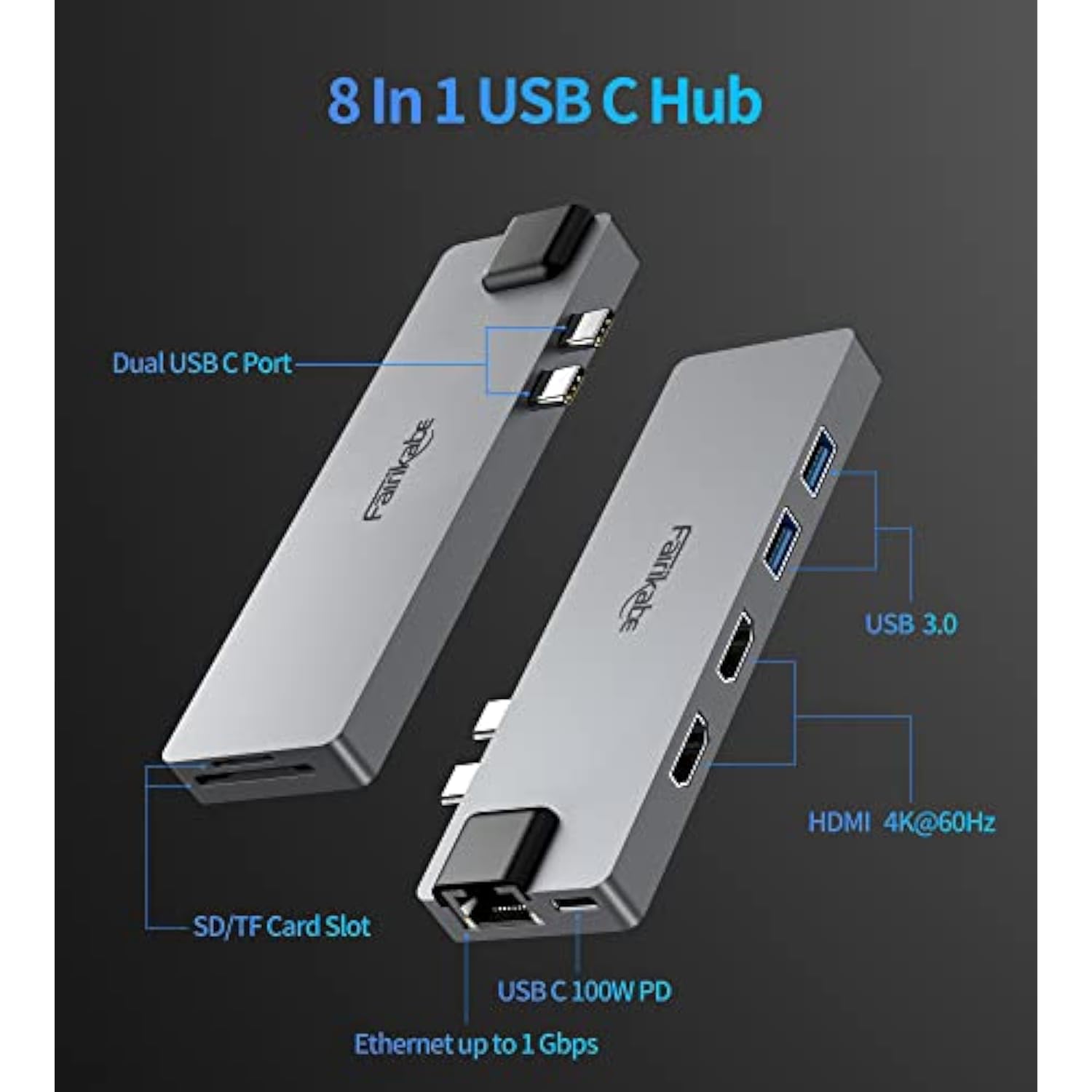 Usb C Hub Multiport Adapter For Macbook Pro 2019/2018/2017, 8 In 1 Usb C To Du