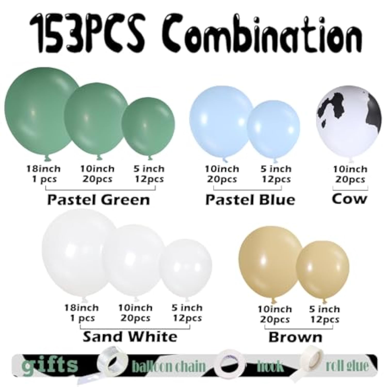 153PCS Green Cow Balloon Arch Kit for Farm, Western, Baby Shower & Cowboy Parties